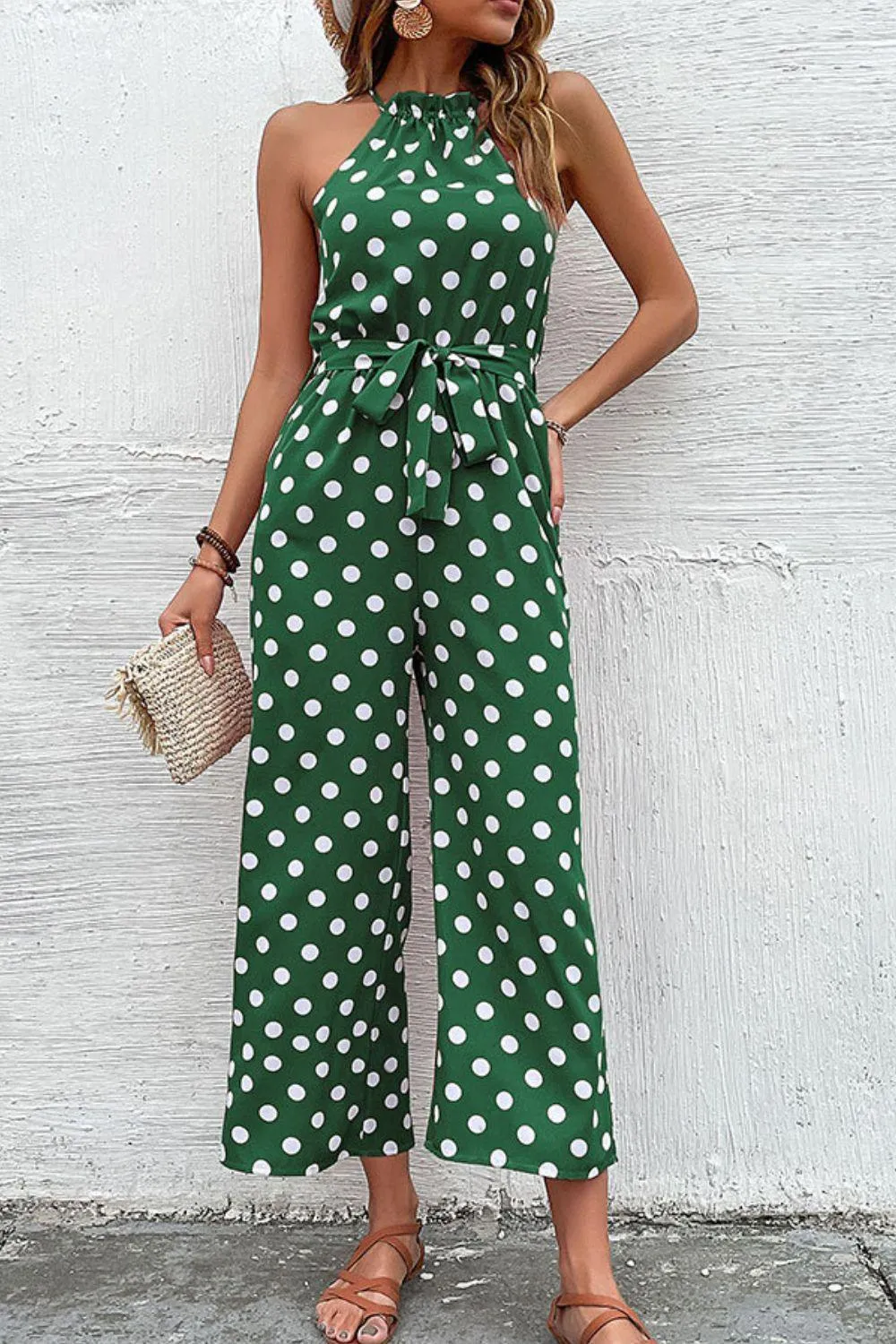 Grecian Belted Sleeveless Polka Dot Jumpsuit