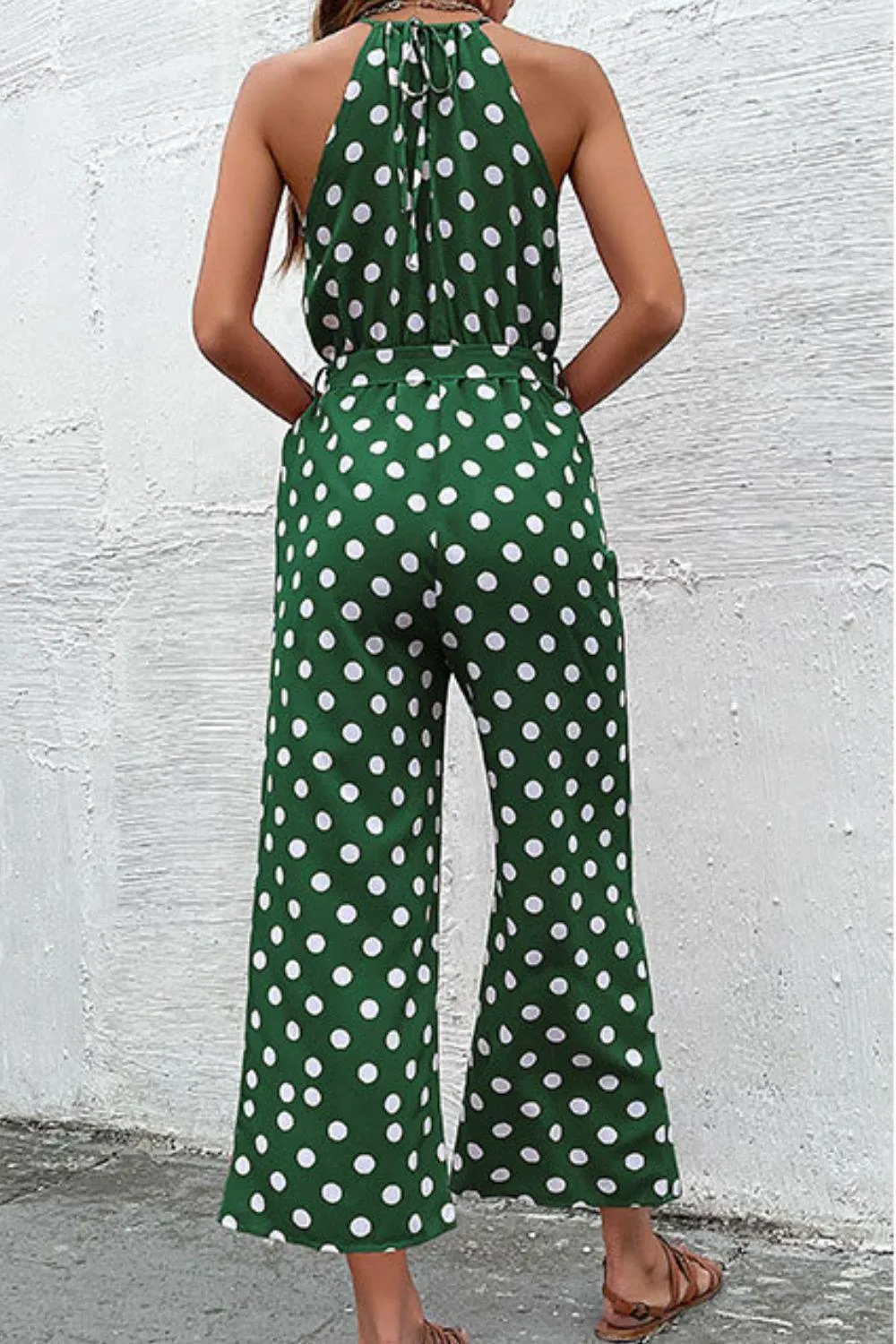 Grecian Belted Sleeveless Polka Dot Jumpsuit