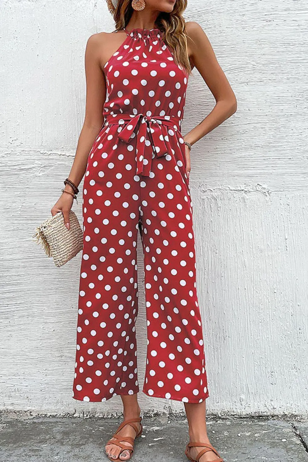 Grecian Belted Sleeveless Polka Dot Jumpsuit