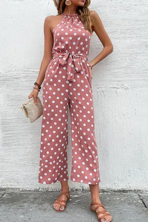 Grecian Belted Sleeveless Polka Dot Jumpsuit