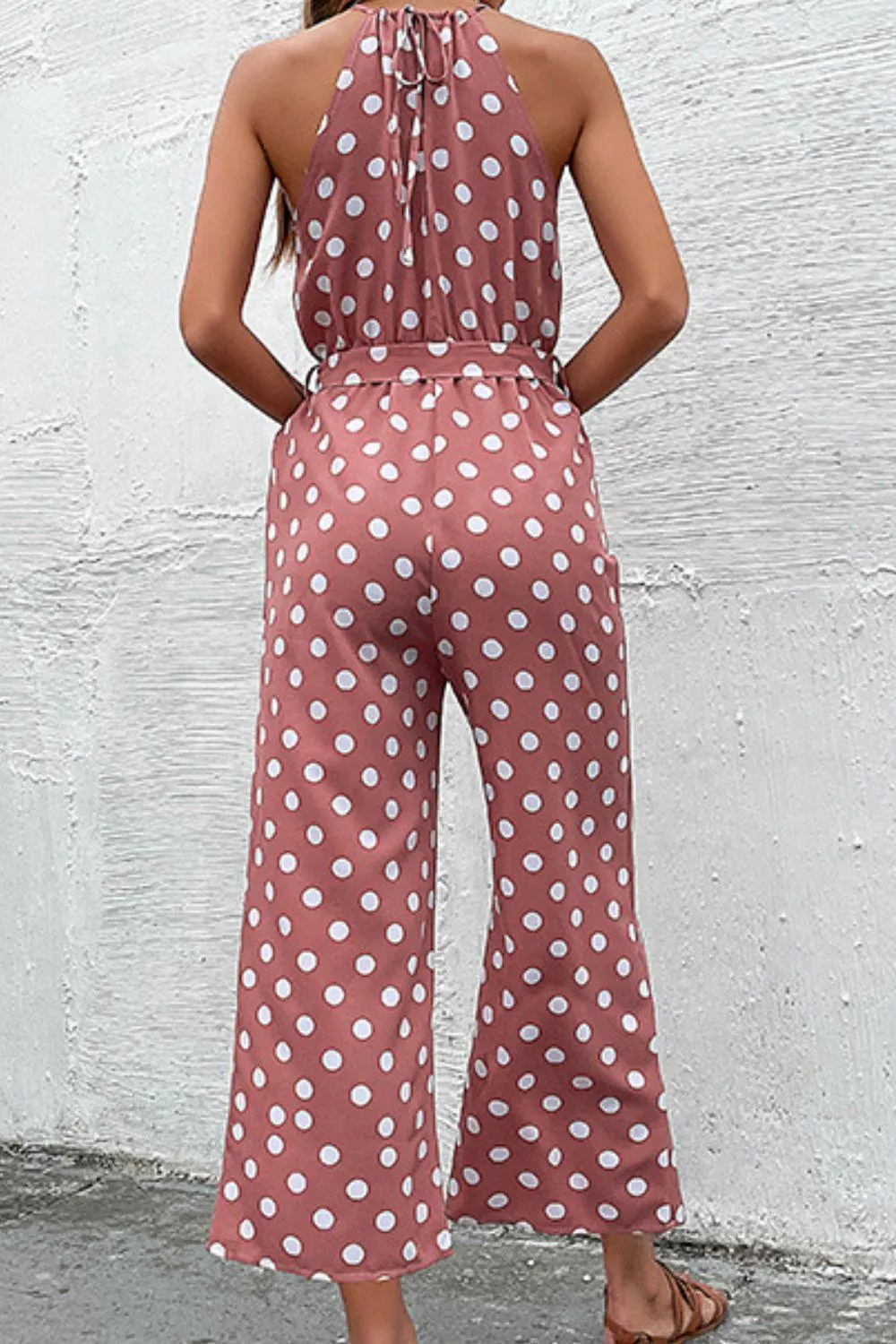Grecian Belted Sleeveless Polka Dot Jumpsuit