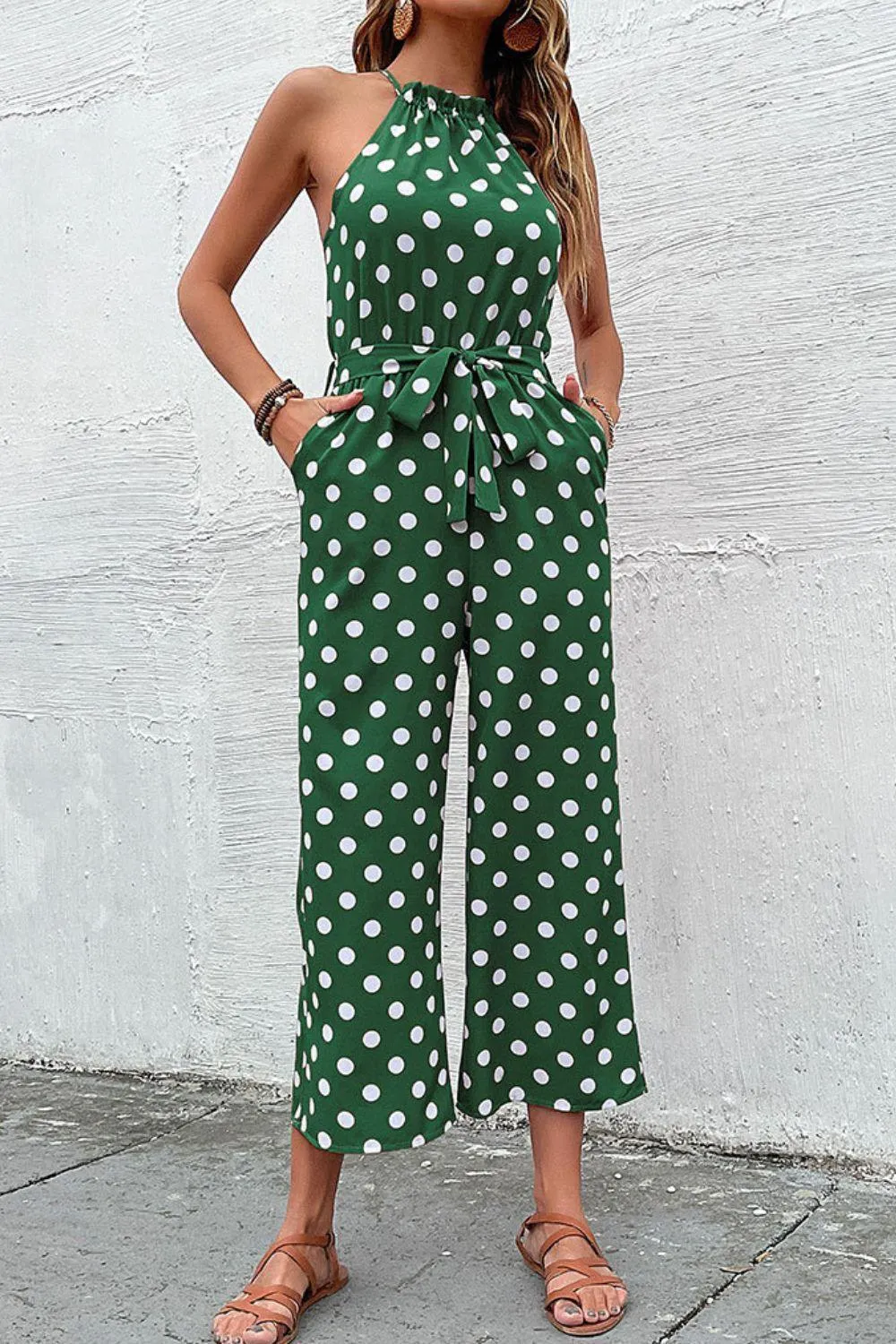 Grecian Belted Sleeveless Polka Dot Jumpsuit