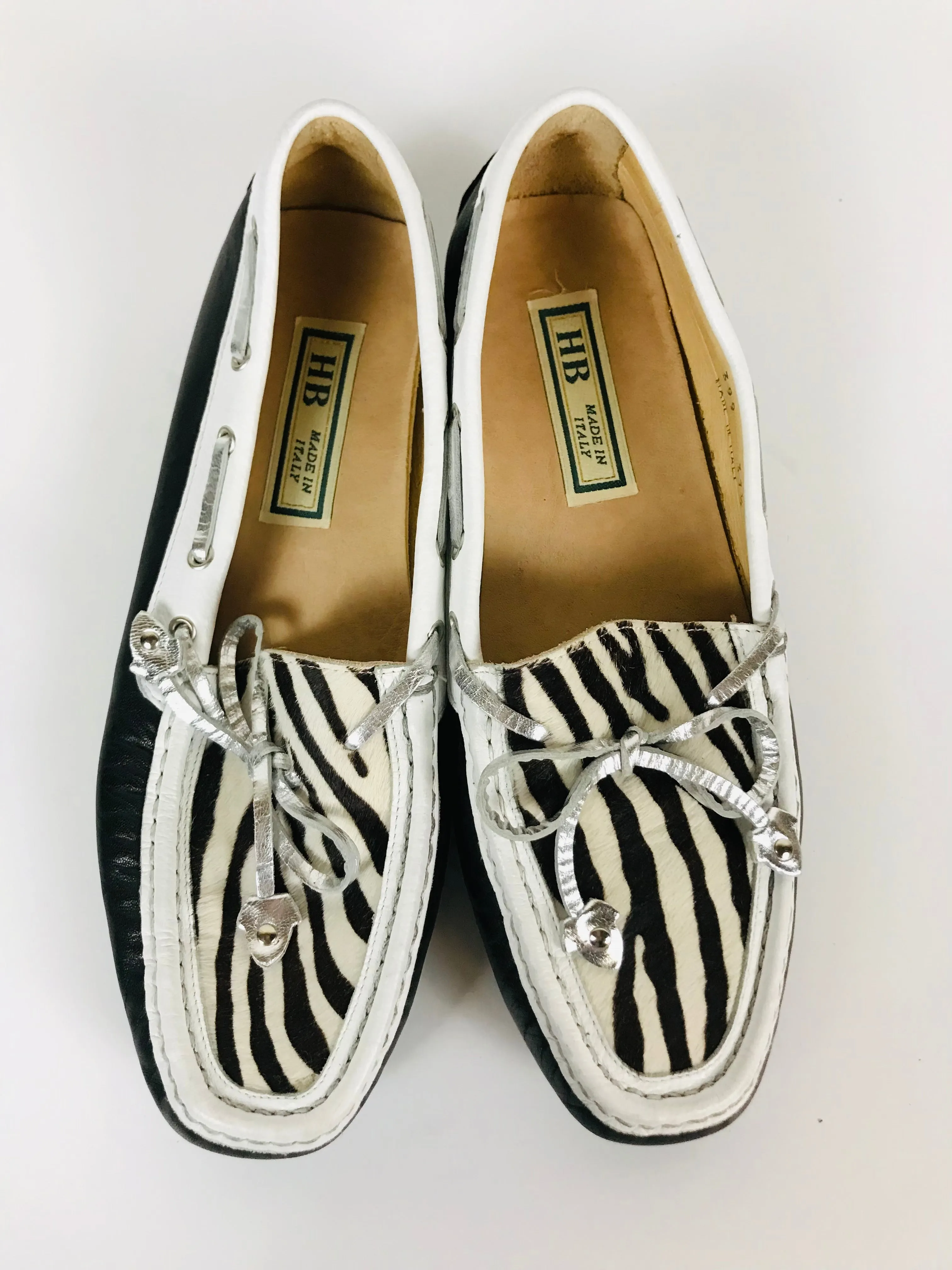 HB Espana Women's Leather Zebra Print Bow Moccasins | 37.5 UK5 | Black