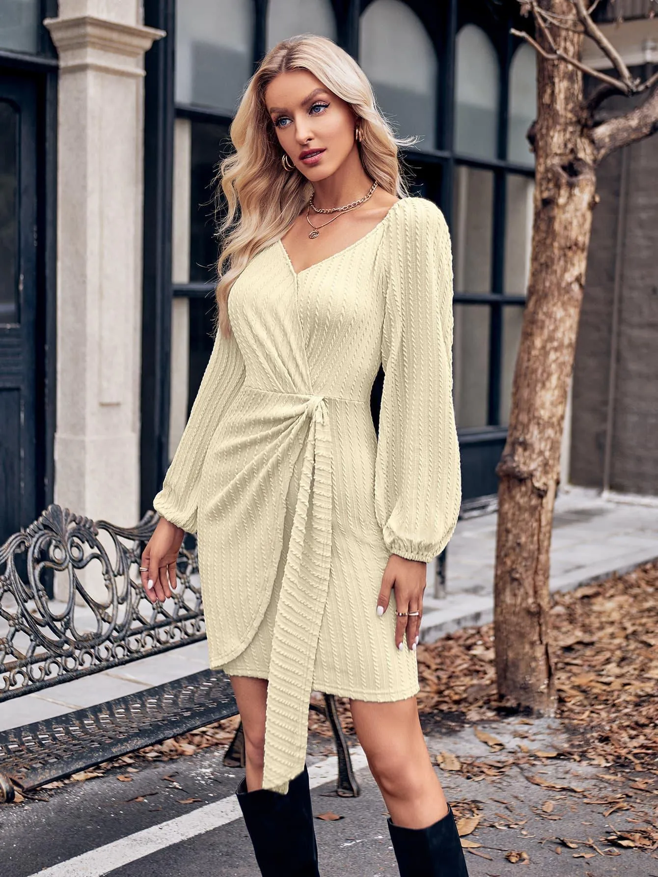 Hey Beautiful Long Sleeve Surplice Dress