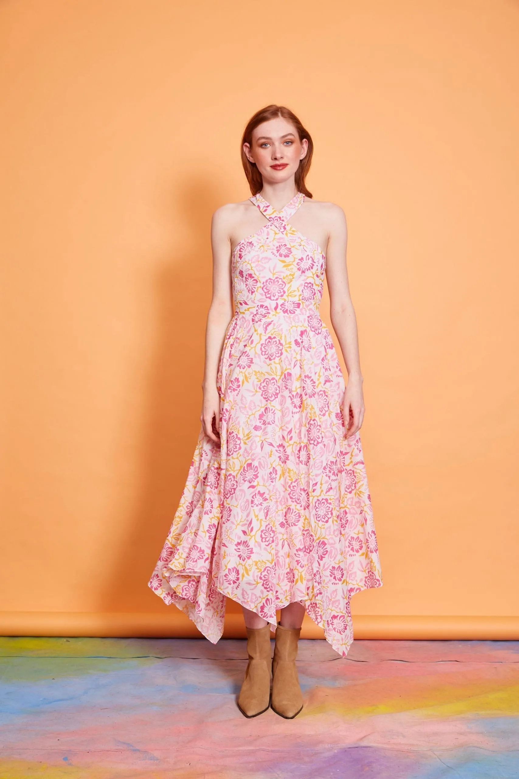 Lavanya Coodly Women's Caroline Pink Cotton Tea Length Halter Dress