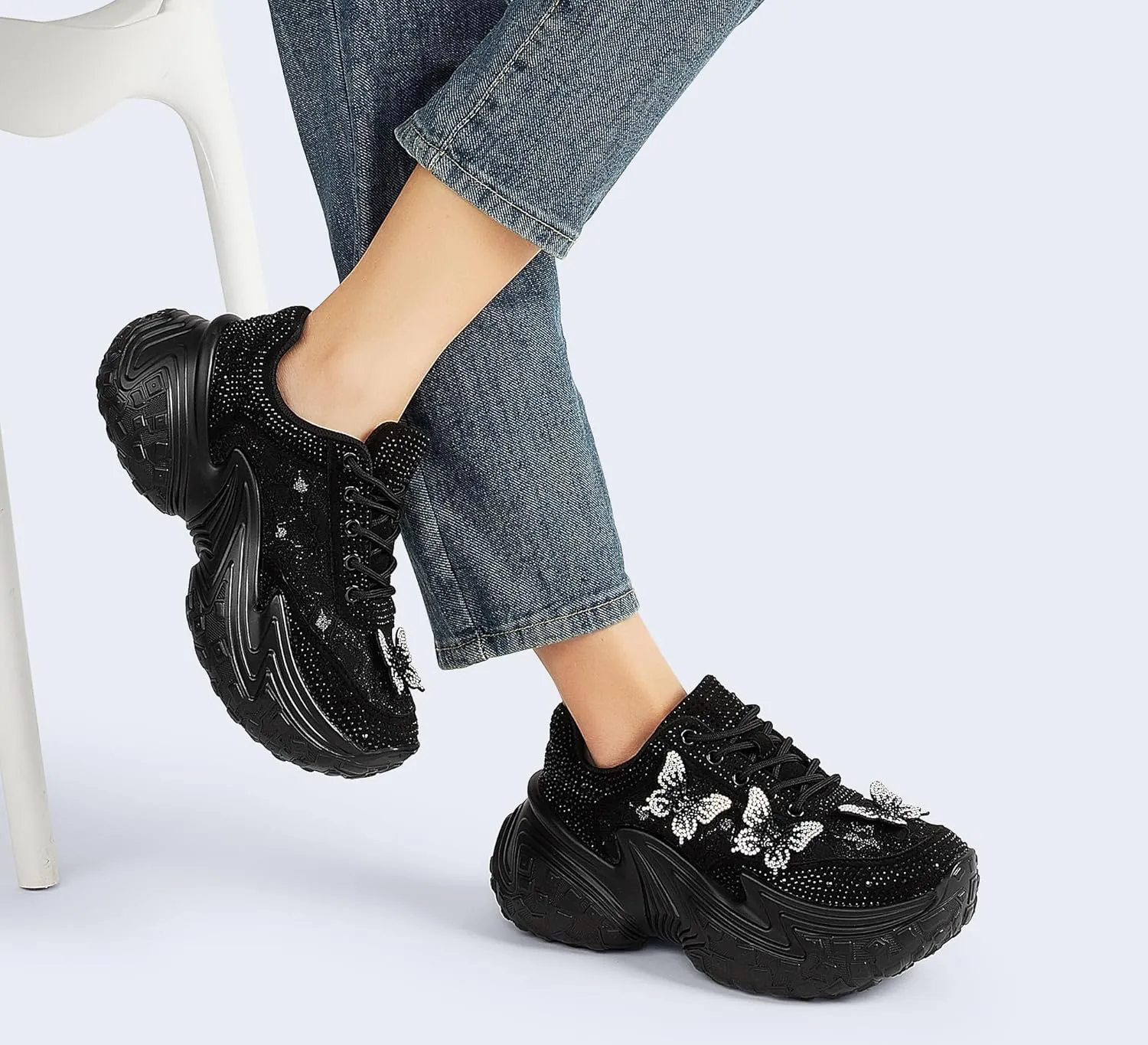 LUCKY STEP Women's Chunky Sneakers Platform Fashion Rhinestone Sparkly Dad Walking Shoes Butterfly Lace Wedge Casual Shiny Thick Sole Footwear