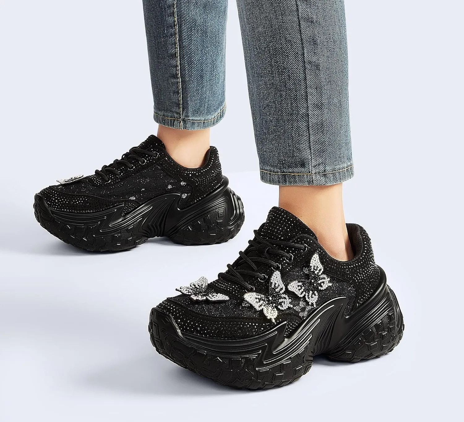 LUCKY STEP Women's Chunky Sneakers Platform Fashion Rhinestone Sparkly Dad Walking Shoes Butterfly Lace Wedge Casual Shiny Thick Sole Footwear