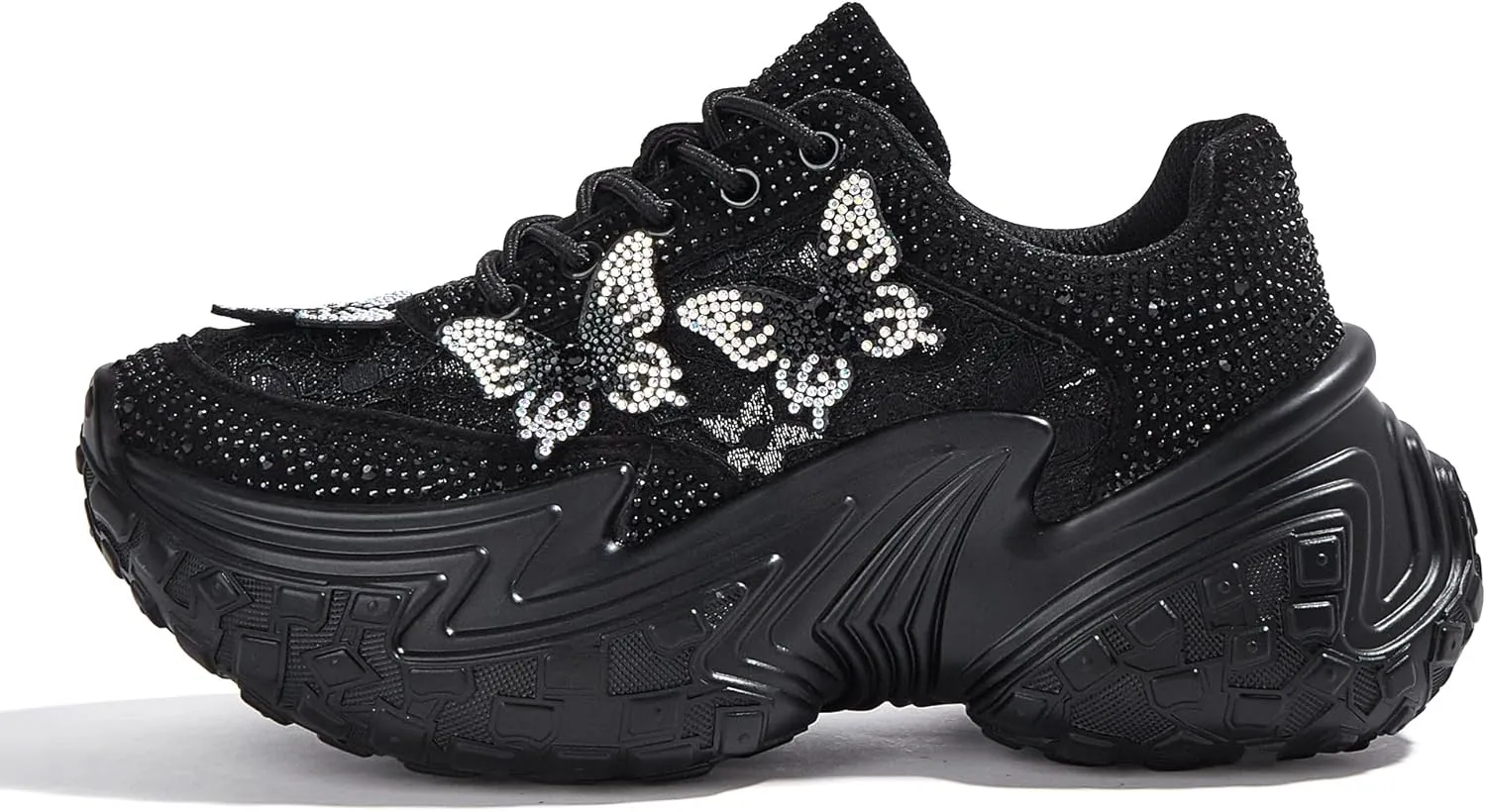 LUCKY STEP Women's Chunky Sneakers Platform Fashion Rhinestone Sparkly Dad Walking Shoes Butterfly Lace Wedge Casual Shiny Thick Sole Footwear