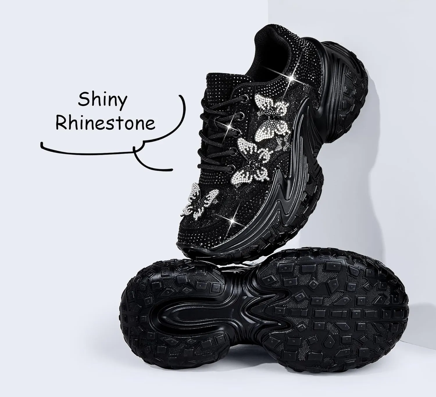 LUCKY STEP Women's Chunky Sneakers Platform Fashion Rhinestone Sparkly Dad Walking Shoes Butterfly Lace Wedge Casual Shiny Thick Sole Footwear