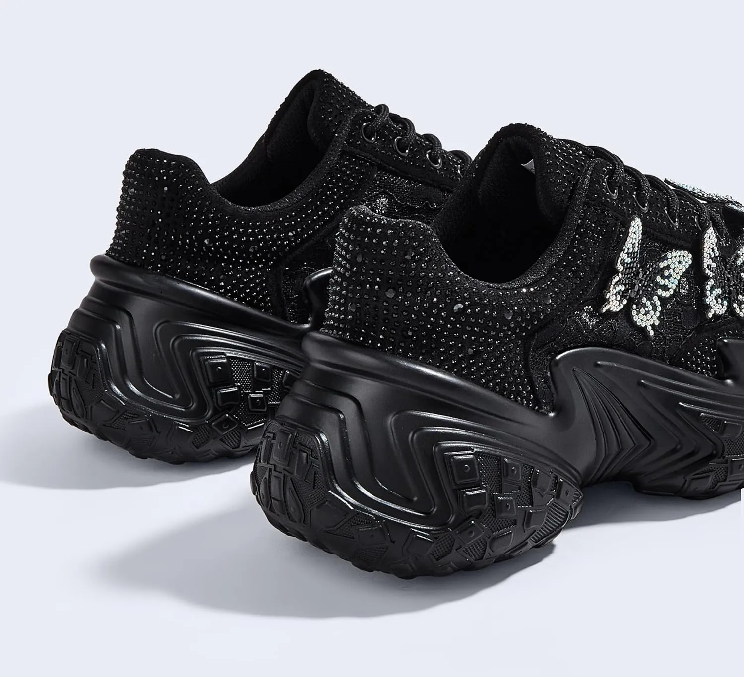 LUCKY STEP Women's Chunky Sneakers Platform Fashion Rhinestone Sparkly Dad Walking Shoes Butterfly Lace Wedge Casual Shiny Thick Sole Footwear