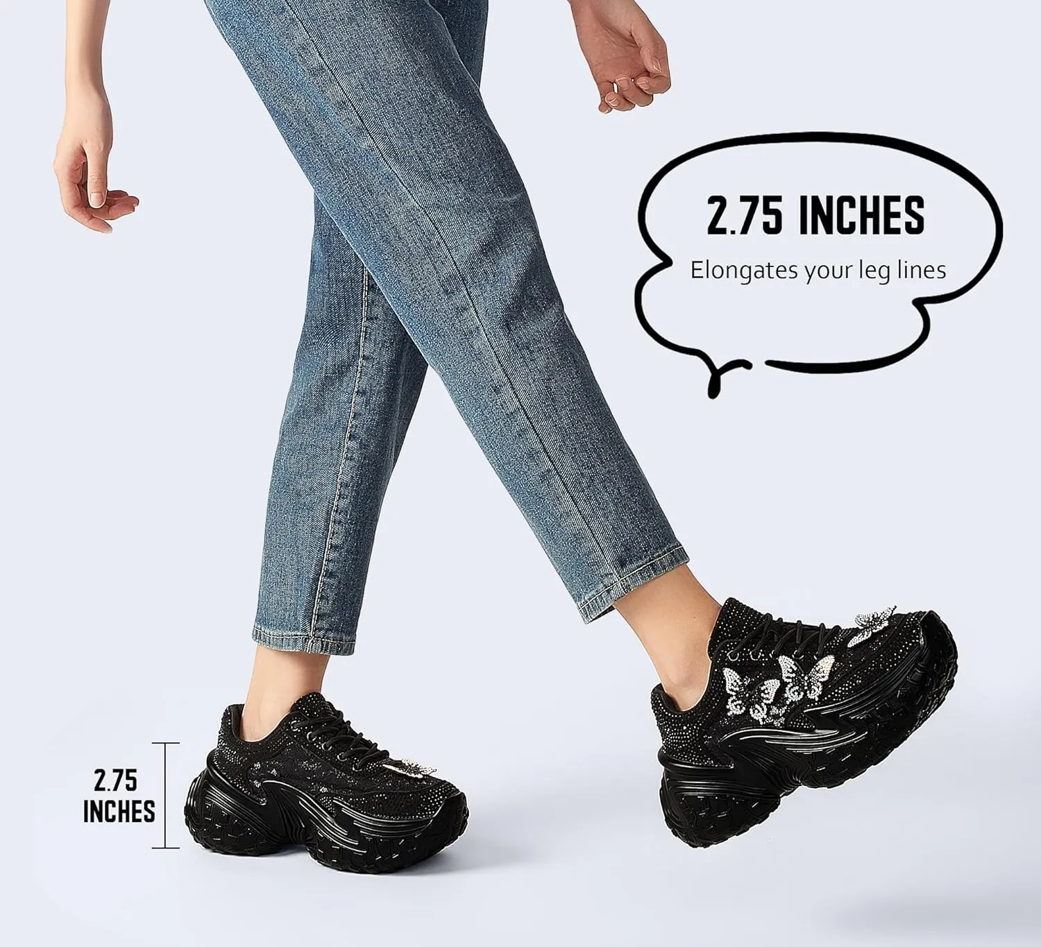 LUCKY STEP Women's Chunky Sneakers Platform Fashion Rhinestone Sparkly Dad Walking Shoes Butterfly Lace Wedge Casual Shiny Thick Sole Footwear