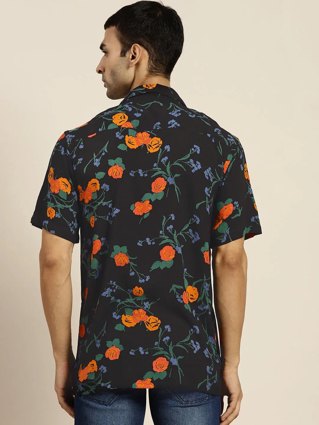 Men Black Prints Viscose Rayon Relaxed Fit Casual Resort Shirt