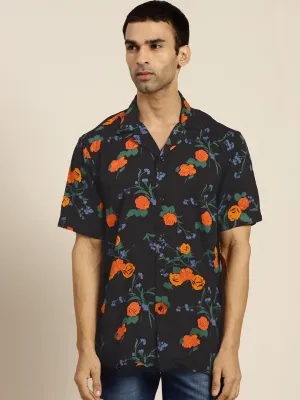 Men Black Prints Viscose Rayon Relaxed Fit Casual Resort Shirt