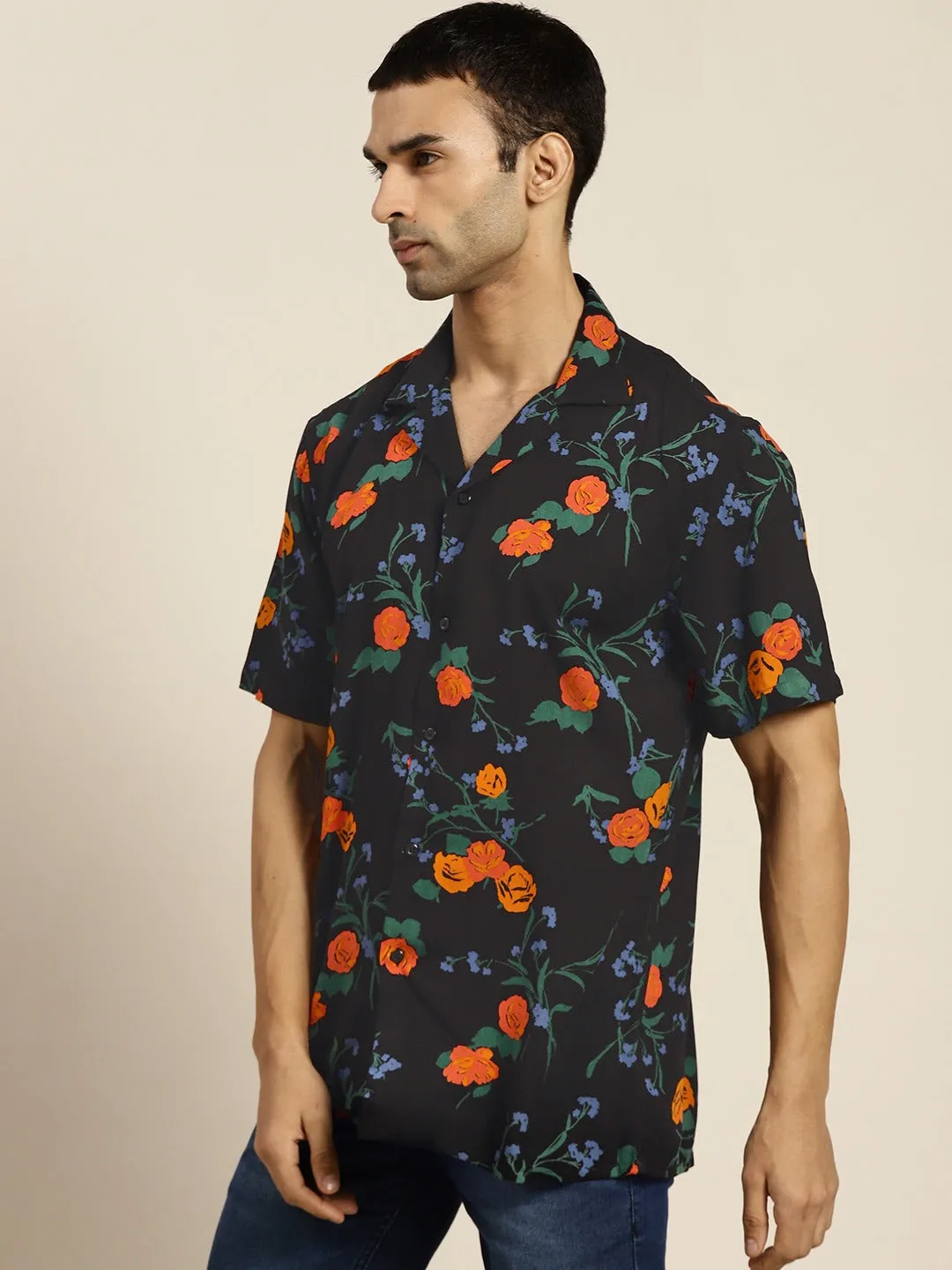 Men Black Prints Viscose Rayon Relaxed Fit Casual Resort Shirt