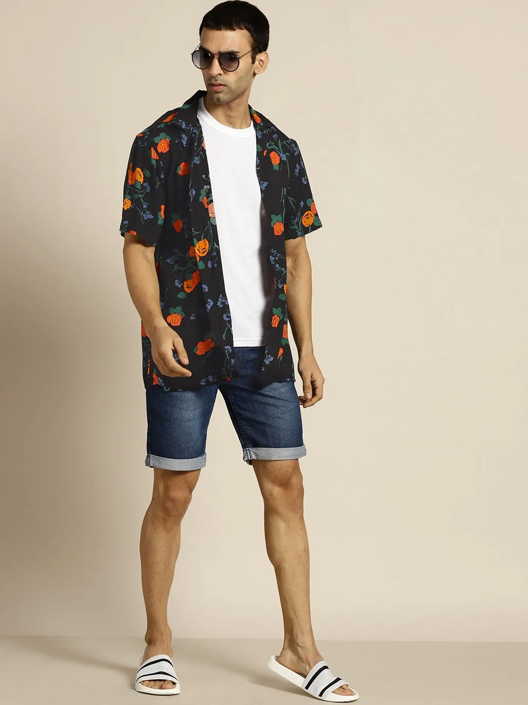 Men Black Prints Viscose Rayon Relaxed Fit Casual Resort Shirt