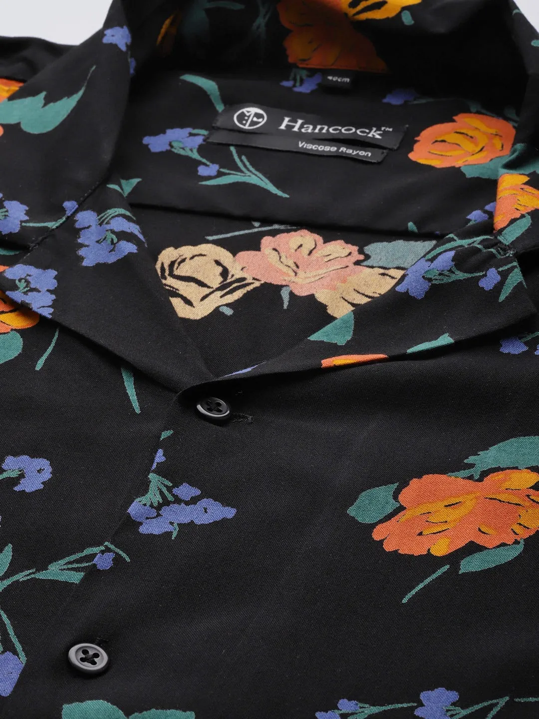 Men Black Prints Viscose Rayon Relaxed Fit Casual Resort Shirt