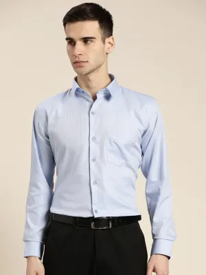 Men Blue Solid Self Design Pure Cotton Slim Fit Formal Shirt