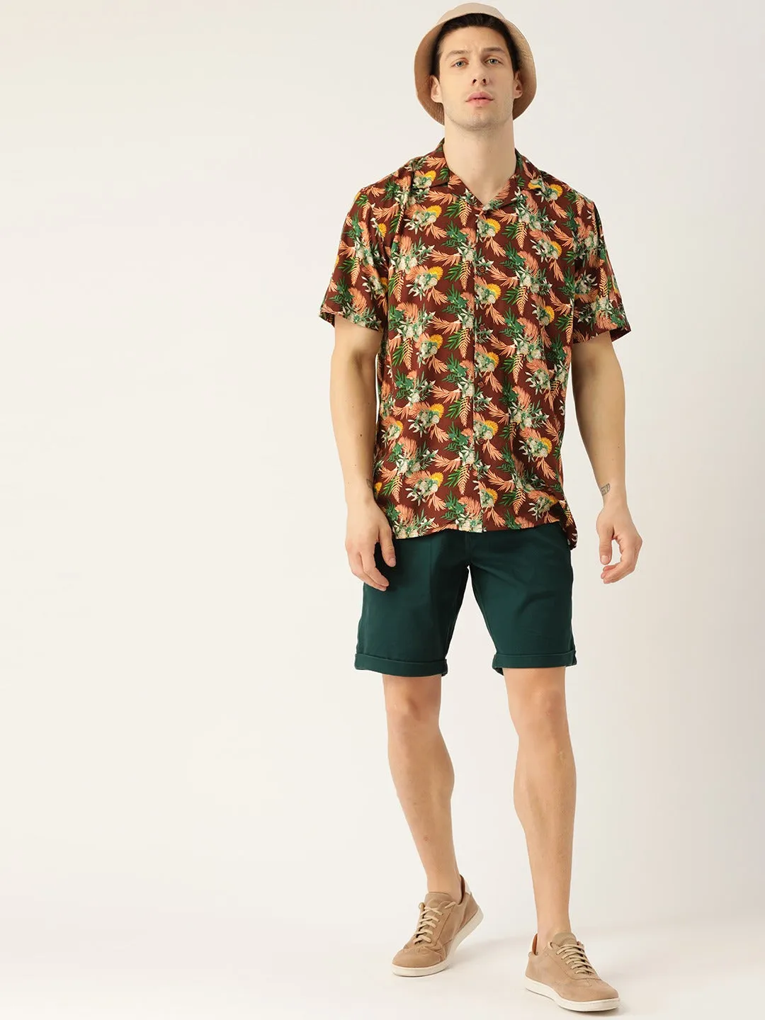 Men Brown Printed Pure Cotton Relaxed Fit Casual Resort Shirt
