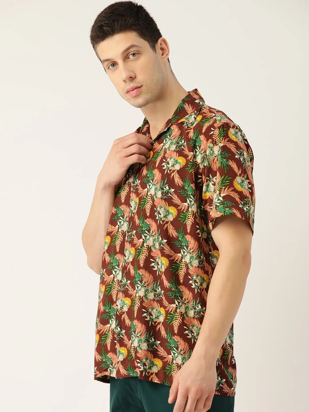 Men Brown Printed Pure Cotton Relaxed Fit Casual Resort Shirt
