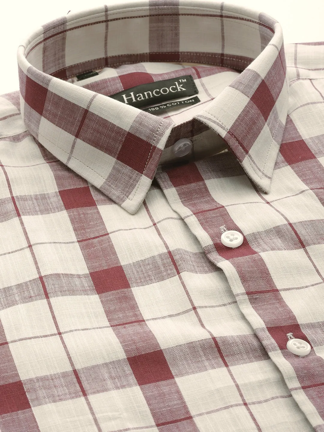 Men Cream & Maroon Checks Pure Cotton Slim Fit Formal Shirt