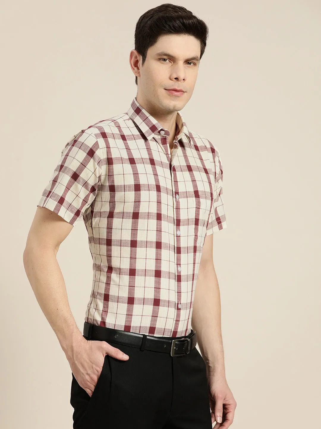 Men Cream & Maroon Checks Pure Cotton Slim Fit Formal Shirt