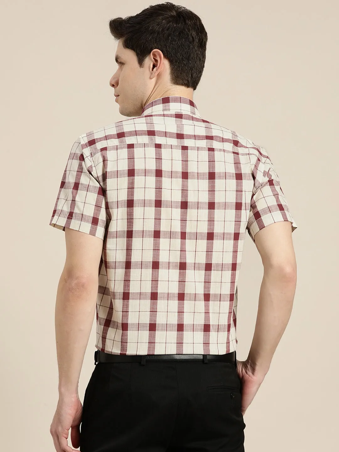 Men Cream & Maroon Checks Pure Cotton Slim Fit Formal Shirt