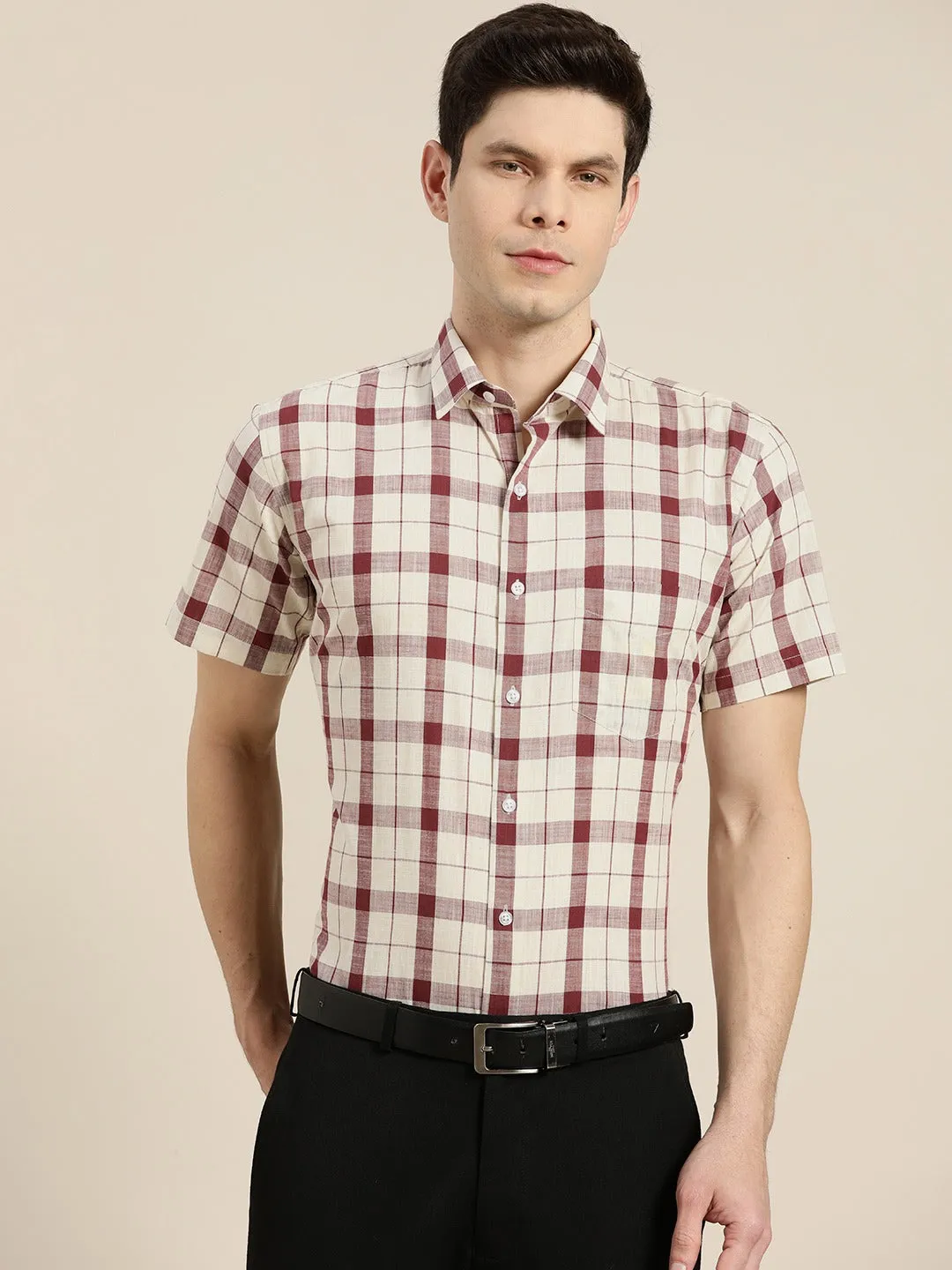 Men Cream & Maroon Checks Pure Cotton Slim Fit Formal Shirt