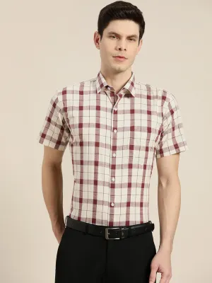 Men Cream & Maroon Checks Pure Cotton Slim Fit Formal Shirt