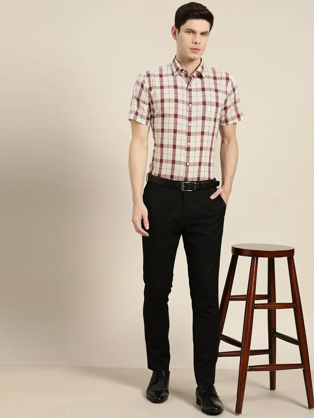 Men Cream & Maroon Checks Pure Cotton Slim Fit Formal Shirt