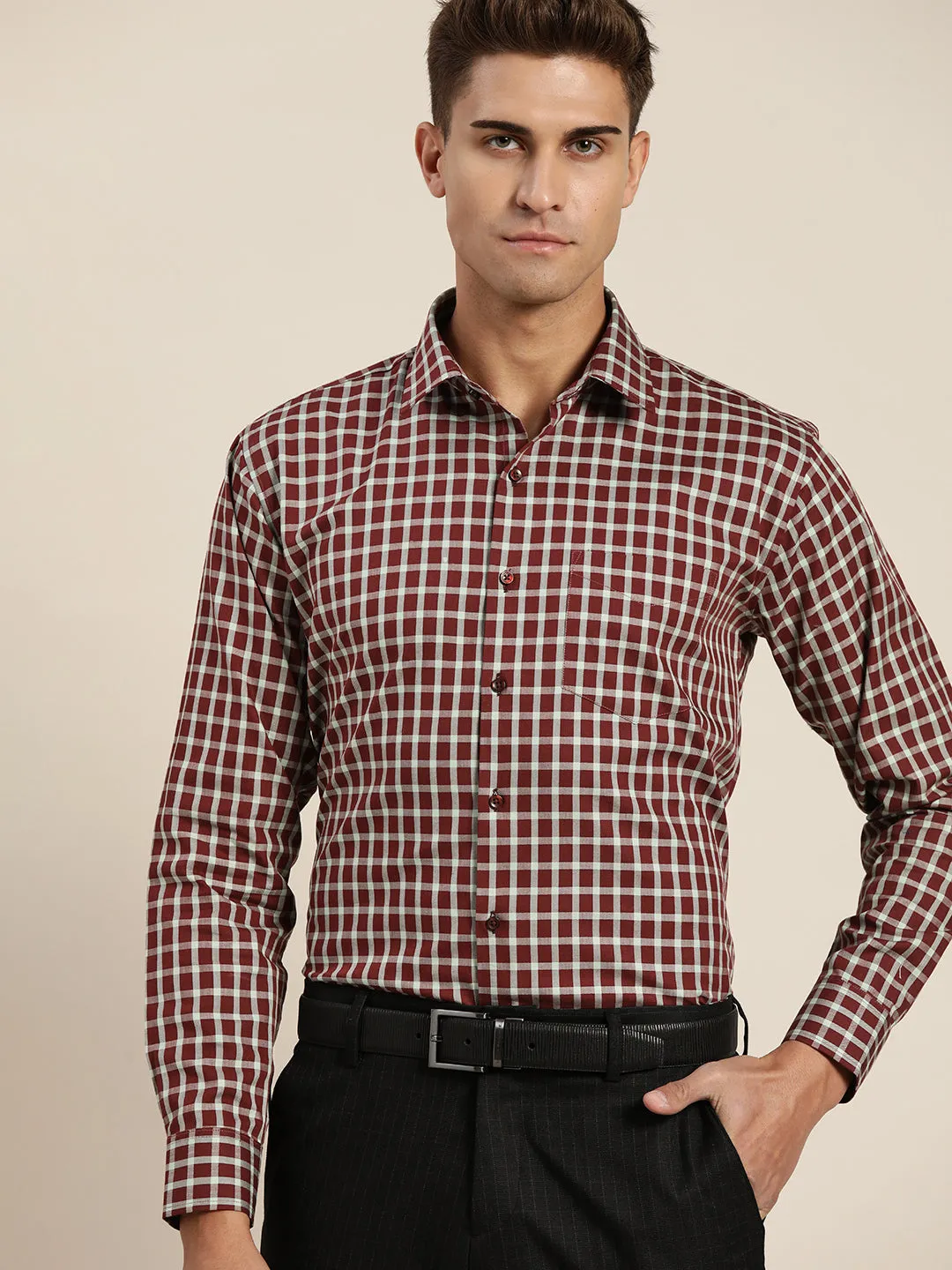 Men Maroon & Green Checks Pure Cotton Slim Fit Formal Shirt