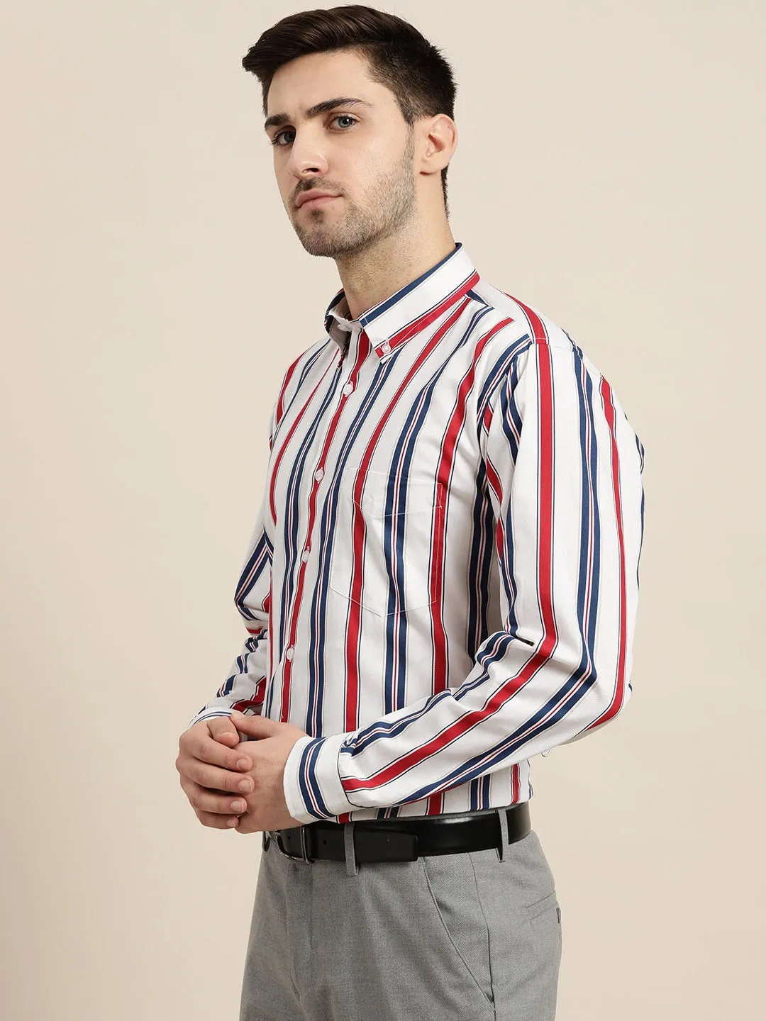 Men Navy & White Stripes Pure Cotton Slim Fit Formal Shirt