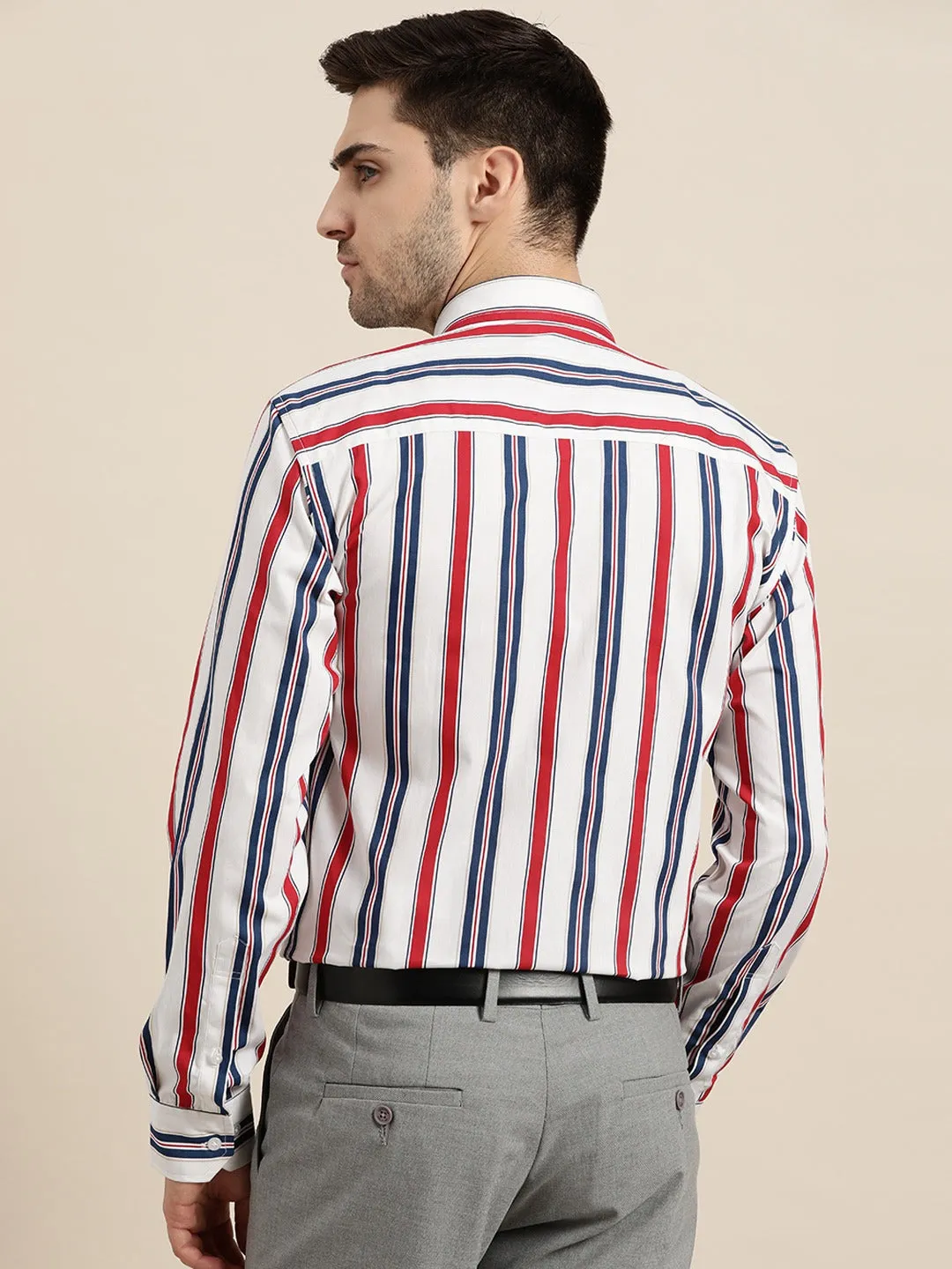 Men Navy & White Stripes Pure Cotton Slim Fit Formal Shirt