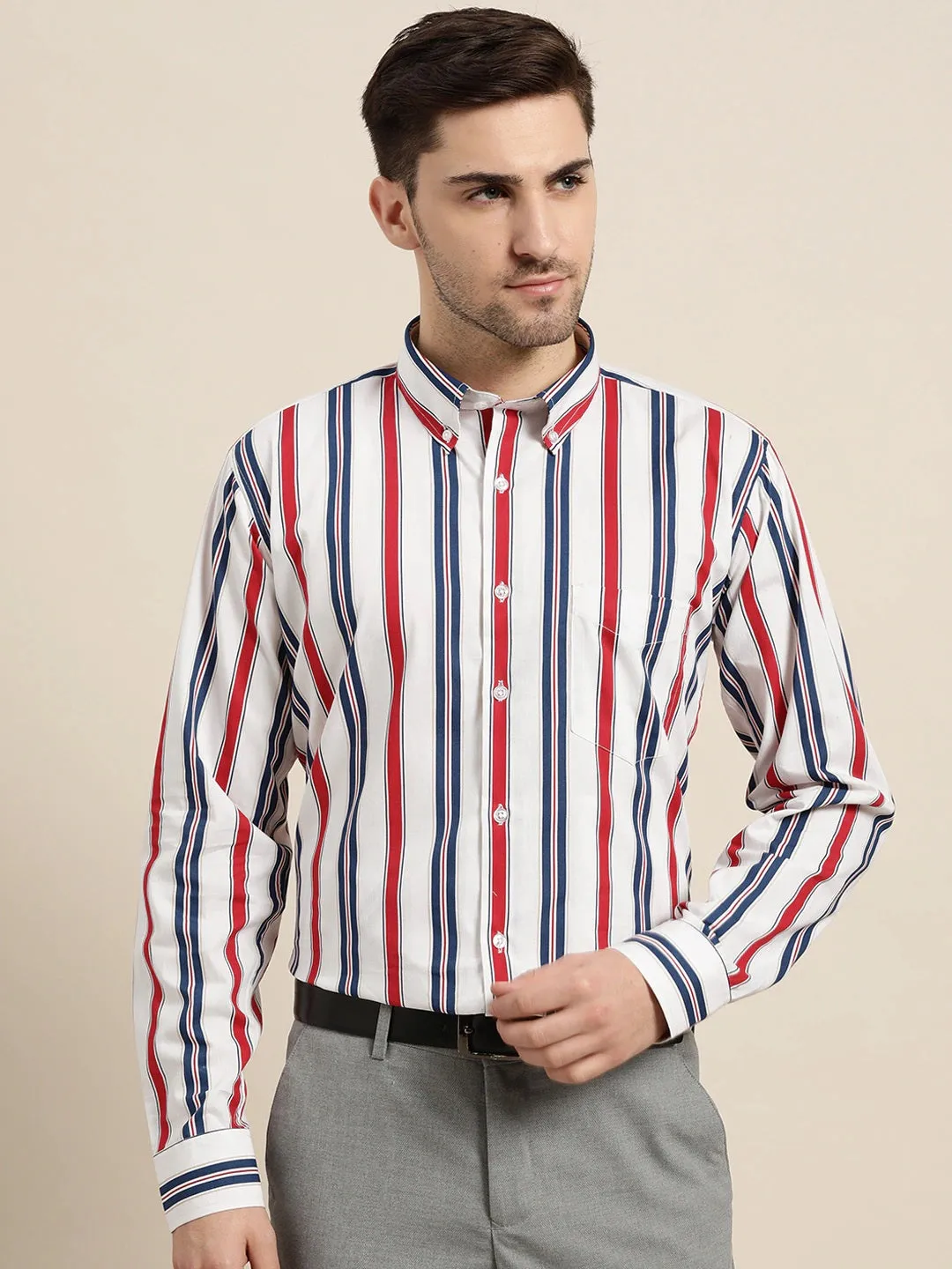 Men Navy & White Stripes Pure Cotton Slim Fit Formal Shirt