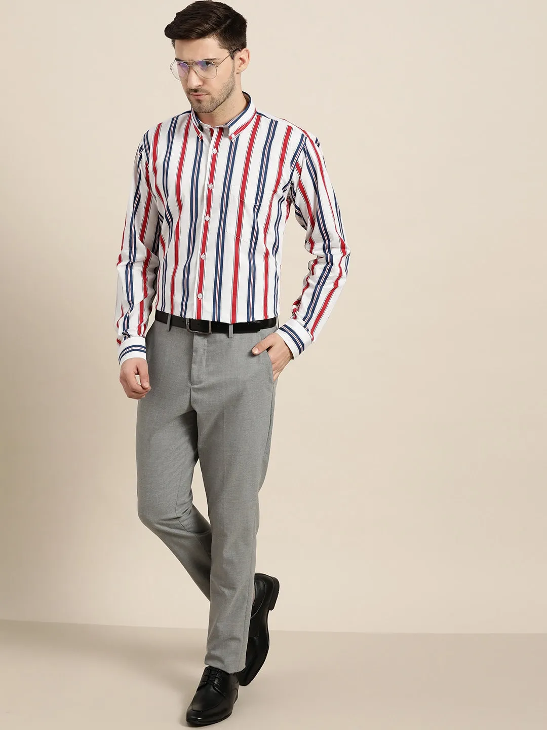 Men Navy & White Stripes Pure Cotton Slim Fit Formal Shirt