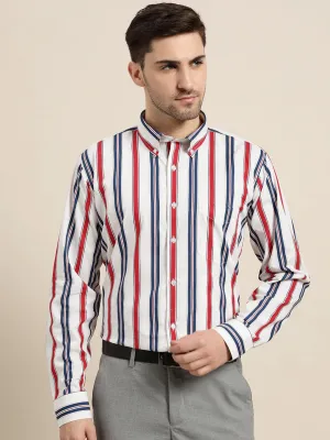 Men Navy & White Stripes Pure Cotton Slim Fit Formal Shirt