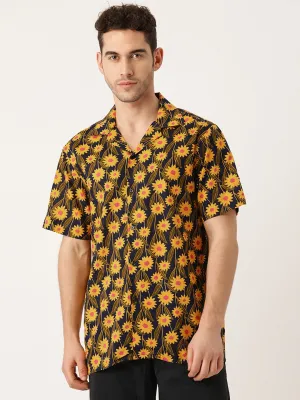 Men Navy & Yellow Printed Pure Cotton Relaxed Fit Casual Resort Shirt
