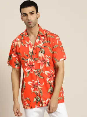 Men Orange Prints Viscose Rayon Relaxed Fit Casual Resort Shirt