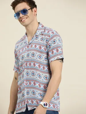Men White-Red Prints Viscose Rayon Relaxed Fit Casual Resort Shirt