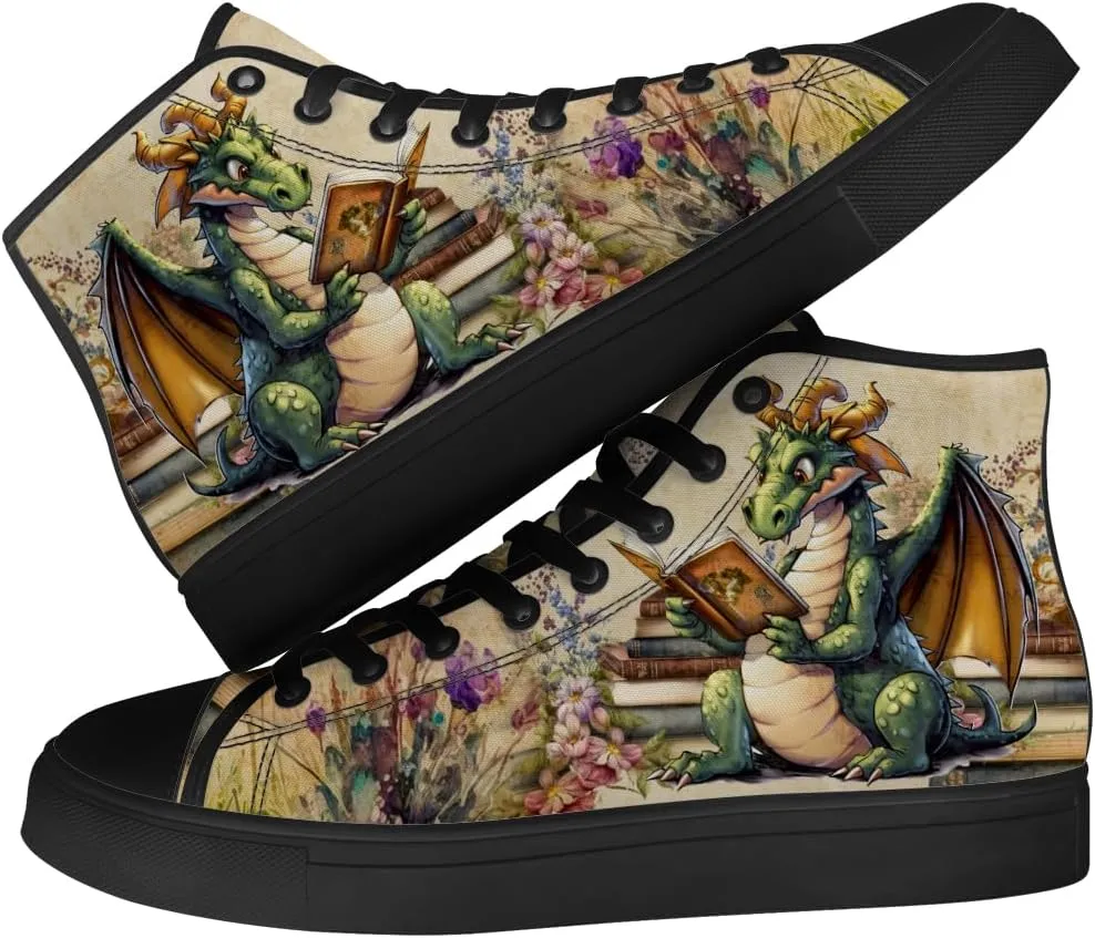 Men's Women's Dragon Reading Book High Top Canvas Shoes Dragon High Top Sneakers Lace Up Casual Shoes Gifts for Boys Girls