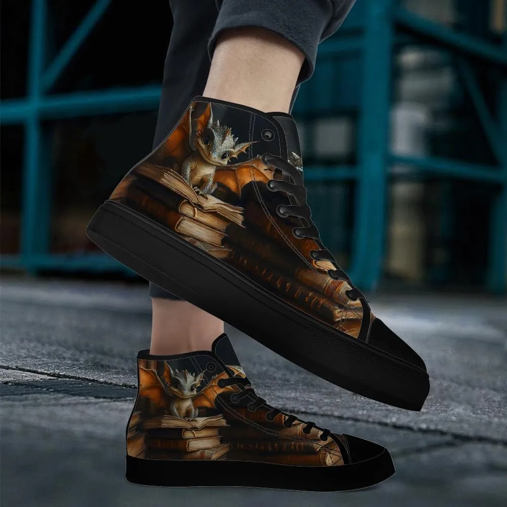 Men's Women's Dragon Reading Book High Top Canvas Shoes Dragon High Top Sneakers Lace Up Casual Shoes Gifts for Boys Girls