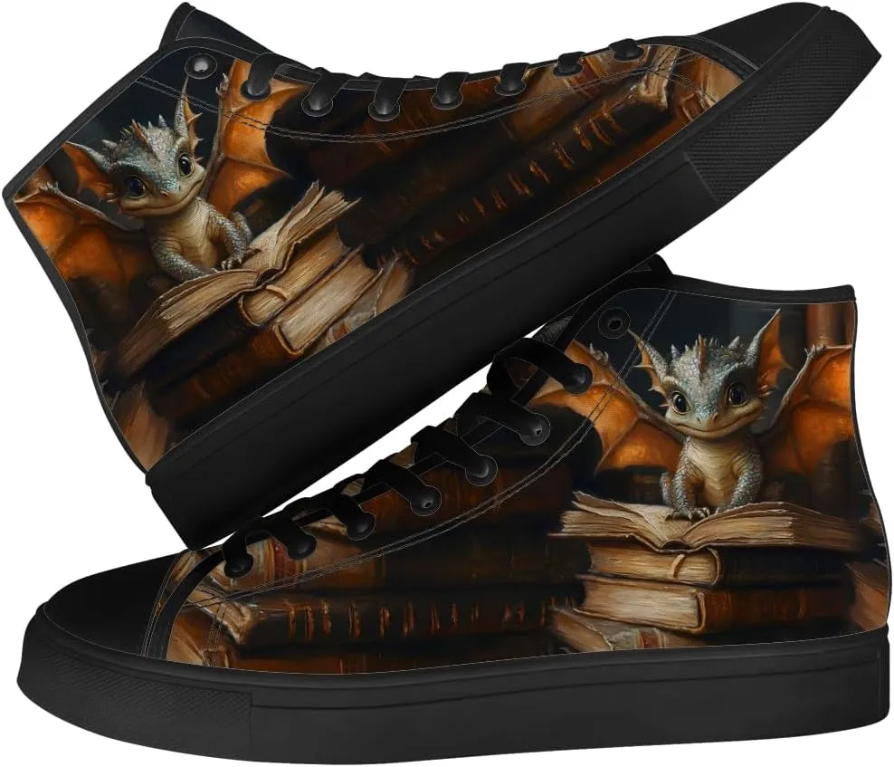 Men's Women's Dragon Reading Book High Top Canvas Shoes Dragon High Top Sneakers Lace Up Casual Shoes Gifts for Boys Girls