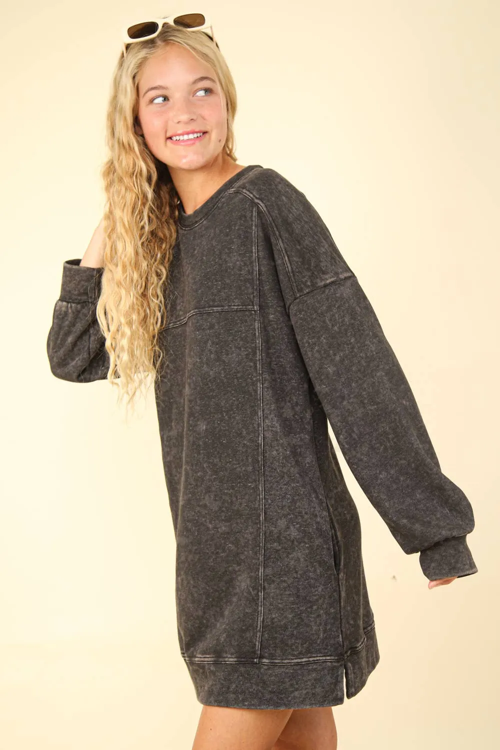 Mineral Washed Oversized Knit Sweatshirt Mini Dress