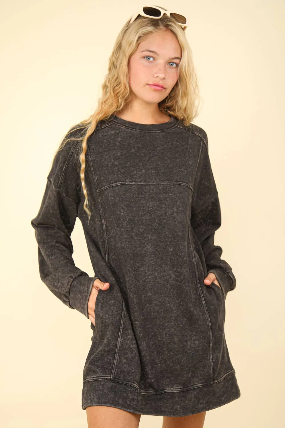 Mineral Washed Oversized Knit Sweatshirt Mini Dress