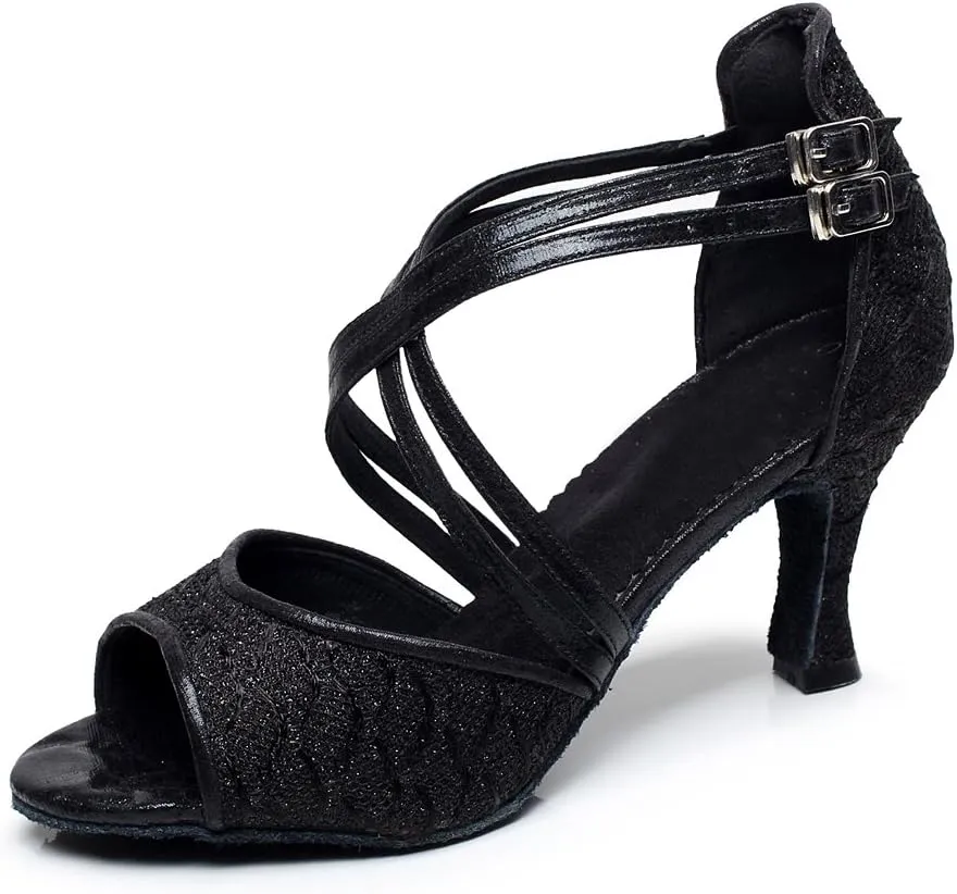 Minishion Women's Style QJ6210 Peep Toe Double Cross Strap Salsa Latin Ballroom Dance Shoes