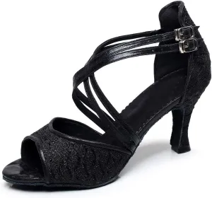 Minishion Women's Style QJ6210 Peep Toe Double Cross Strap Salsa Latin Ballroom Dance Shoes
