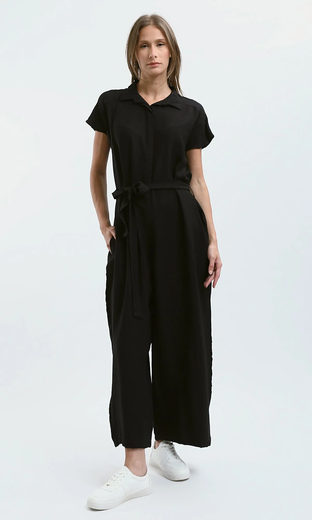 O178605 Summer Buttoned Black Jumpsuit With Belt