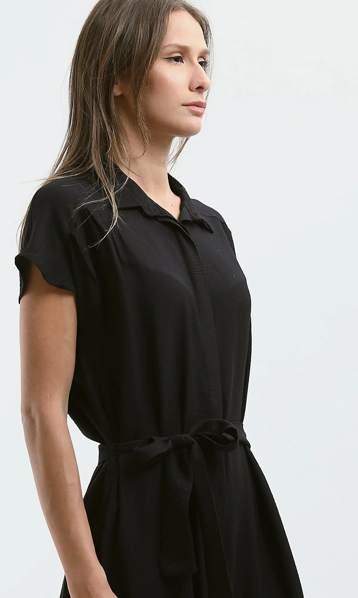 O178605 Summer Buttoned Black Jumpsuit With Belt