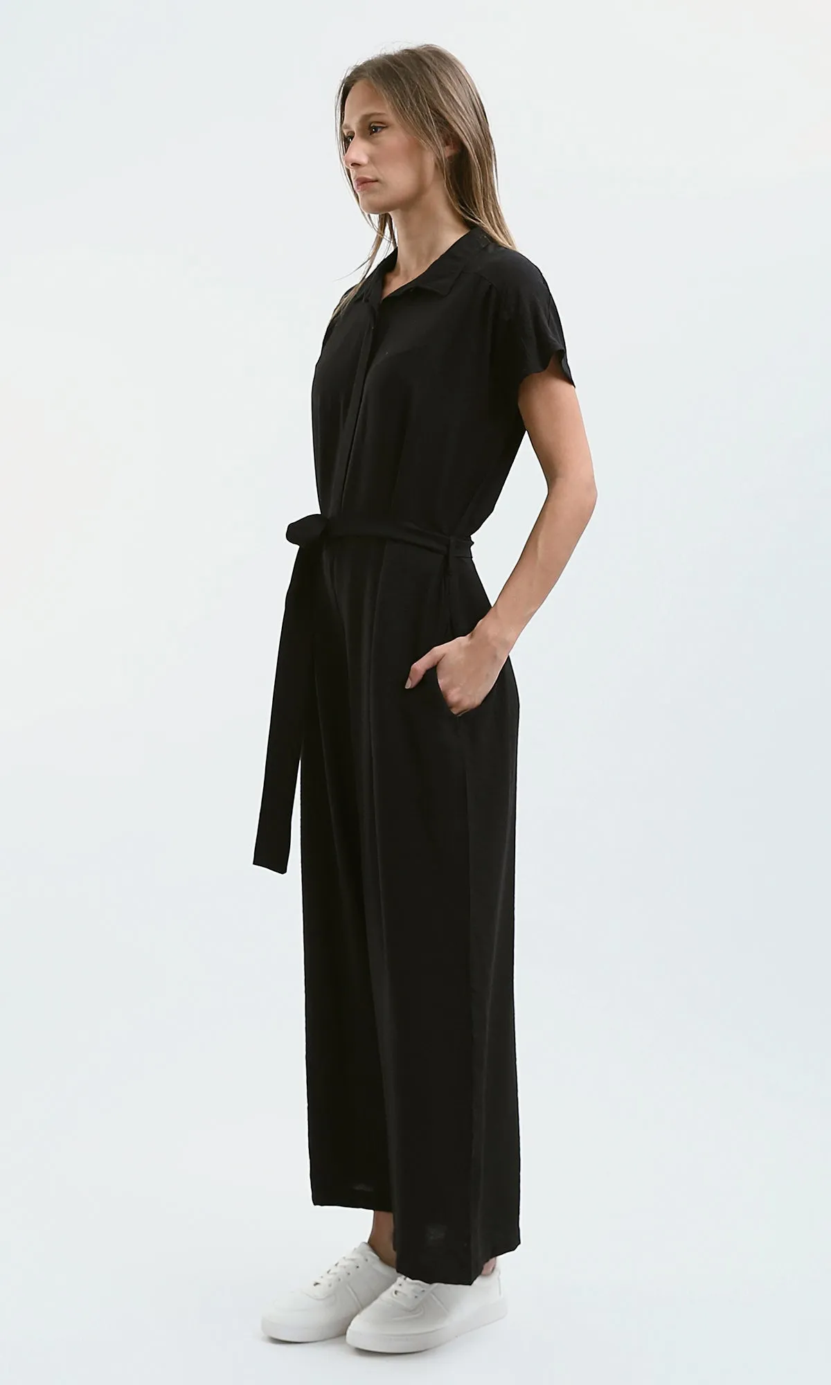 O178605 Summer Buttoned Black Jumpsuit With Belt