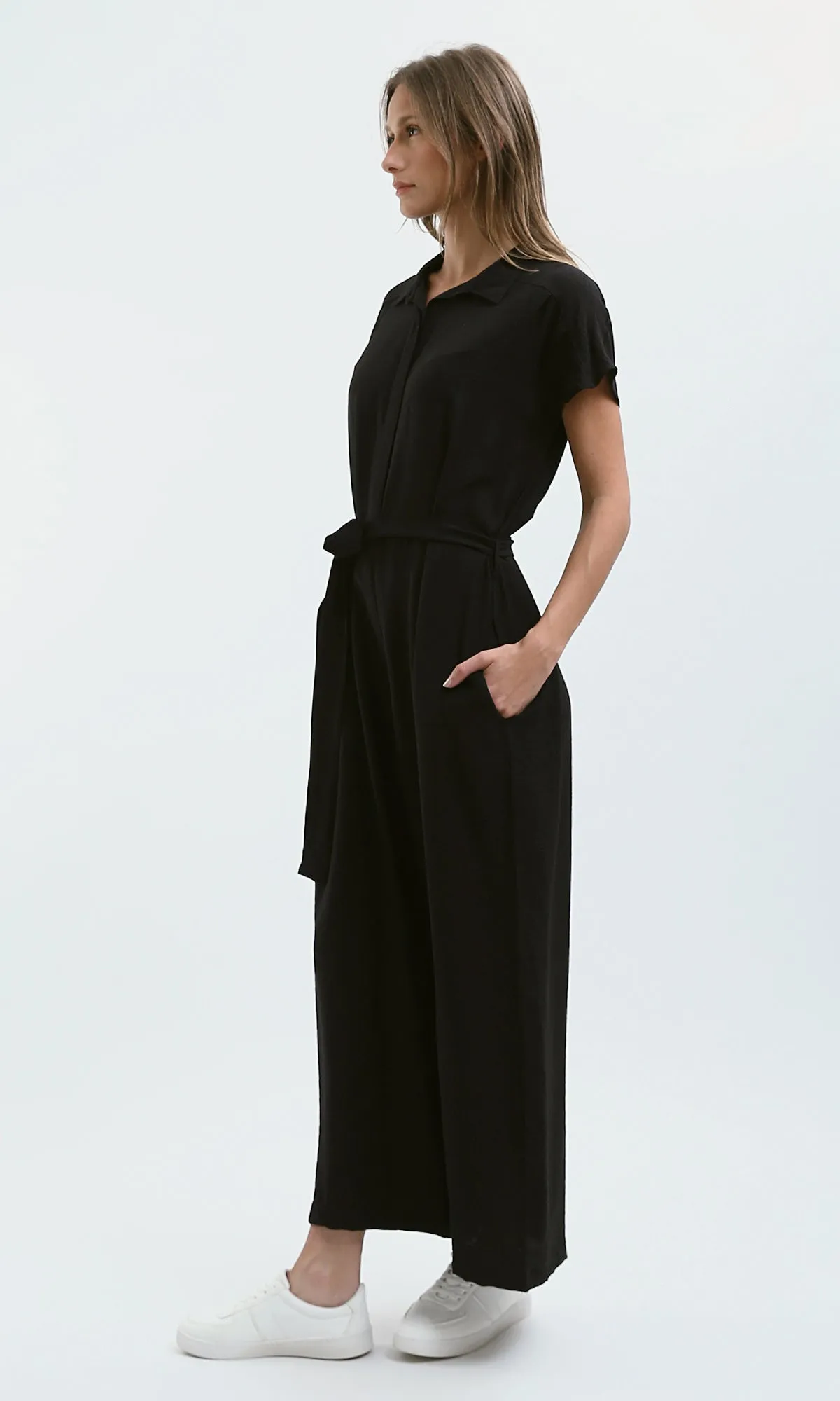 O178605 Summer Buttoned Black Jumpsuit With Belt