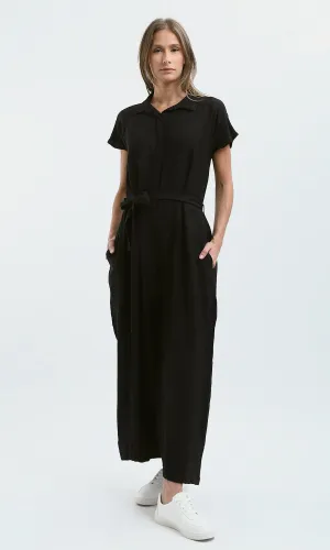 O178605 Summer Buttoned Black Jumpsuit With Belt